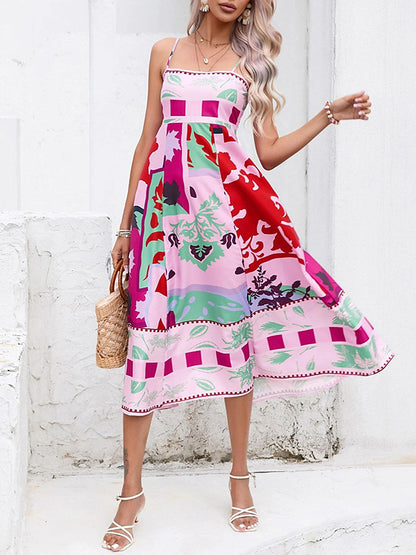 High Waisted Sleeveless Pleated Printed Split-joint Collarless Midi Dresses Slip Dress