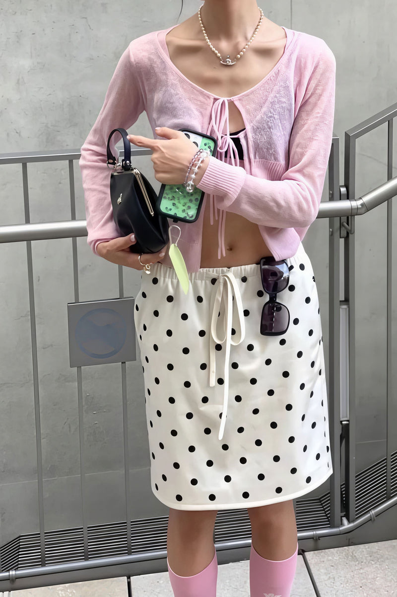 Satin Polka Dot Drawstring Midi Skirt