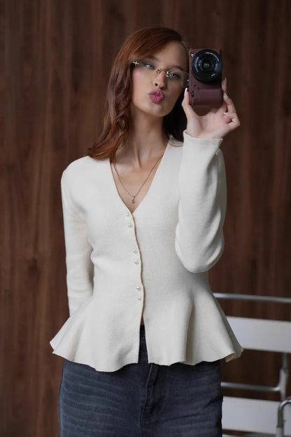 Fitted Ruffled Hem Long Sleeve Knit Cardigan