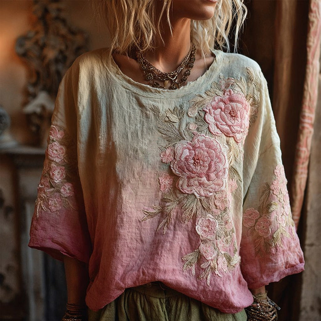 Vintage Rose Gradient Art Linen Three-quarter Sleeves Shirts elevenforest