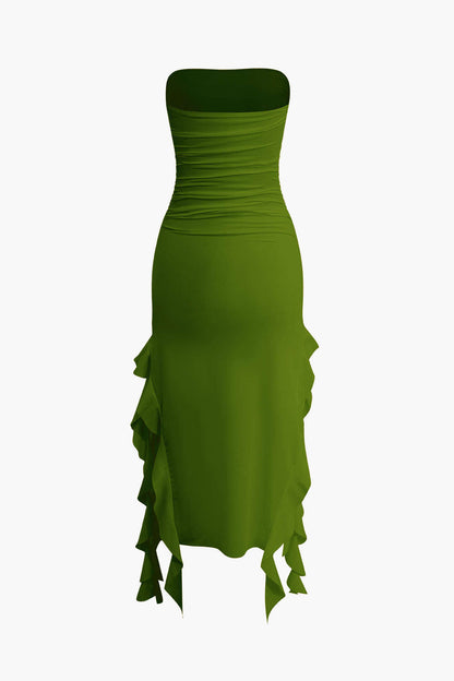 Color French Ruffle Hem Ruched Tube Maxi Dress