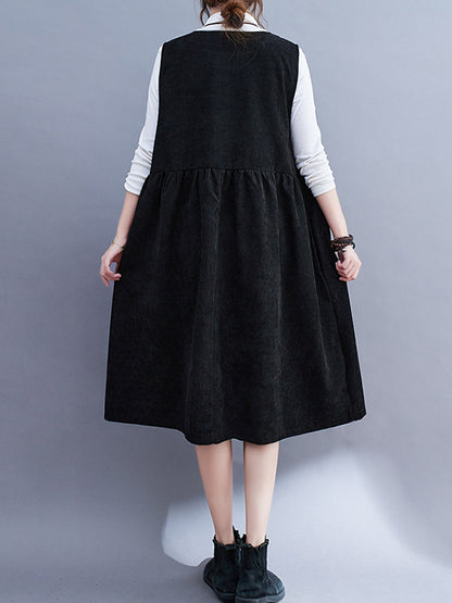 Artistic Retro Loose Sleeveless Color Round-neck Midi Dresses