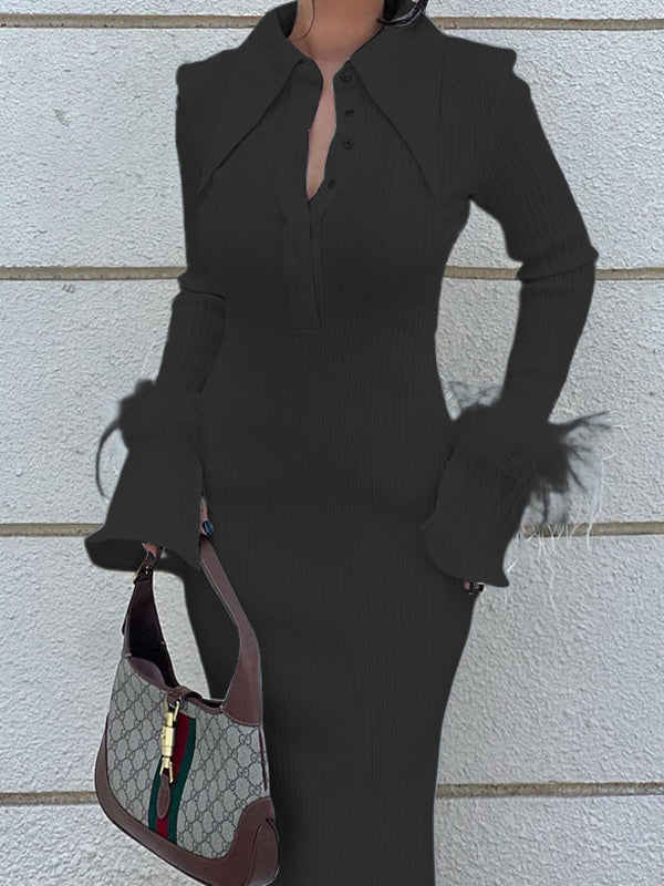 Skinny Feathers Slightly Sheer Split-joint Lapel Maxi Dresses