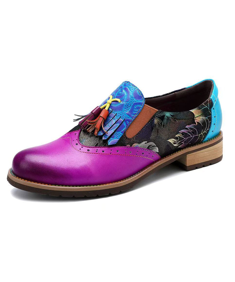 Colorblock Splicing Chunky Flat Shoes Cowhide Leather