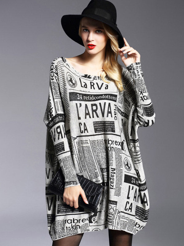 Loose One-shoulder Newspaper Printed Split-joint Sweater