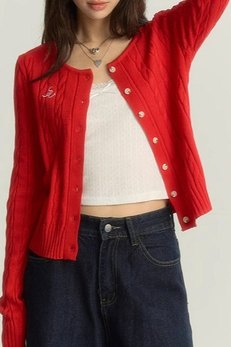 Maroon Cable Cropped Knit Cardigan