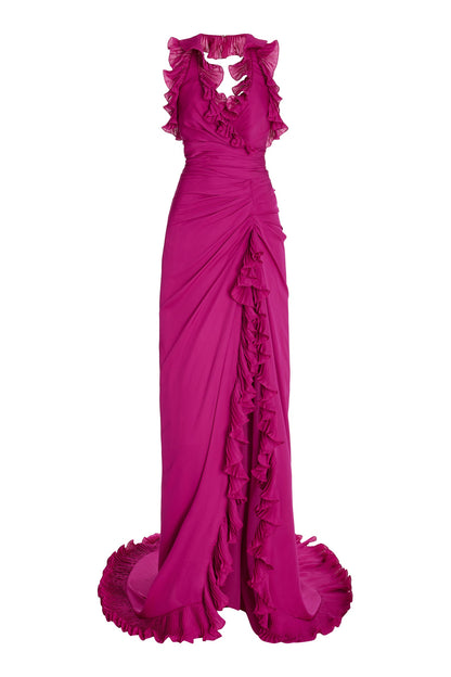 V-neck Sleeveless Backless Slit Ruffle Hem Maxi Dress