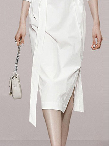Long Sleeves Loose See-through Split-joint Split-side Tied Waist V-neck Midi Dresses Shirt Dress