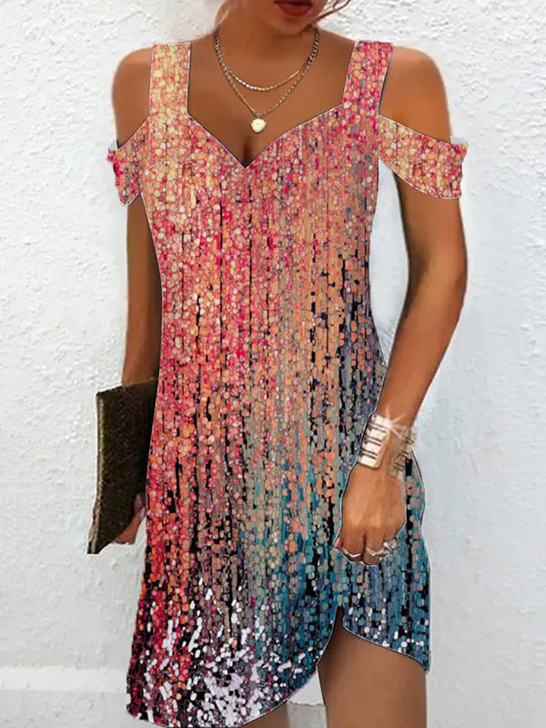 A-line High Waisted Hollow Printed Cold Shoulder Mini Dresses