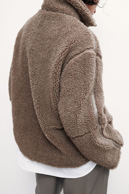 Color Stitching High Collar Long Sleeve Loose Pocket Woolen Coat