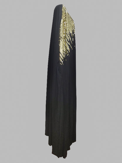 Long Sleeves Loose Rhinestone Round-neck Maxi Dresses
