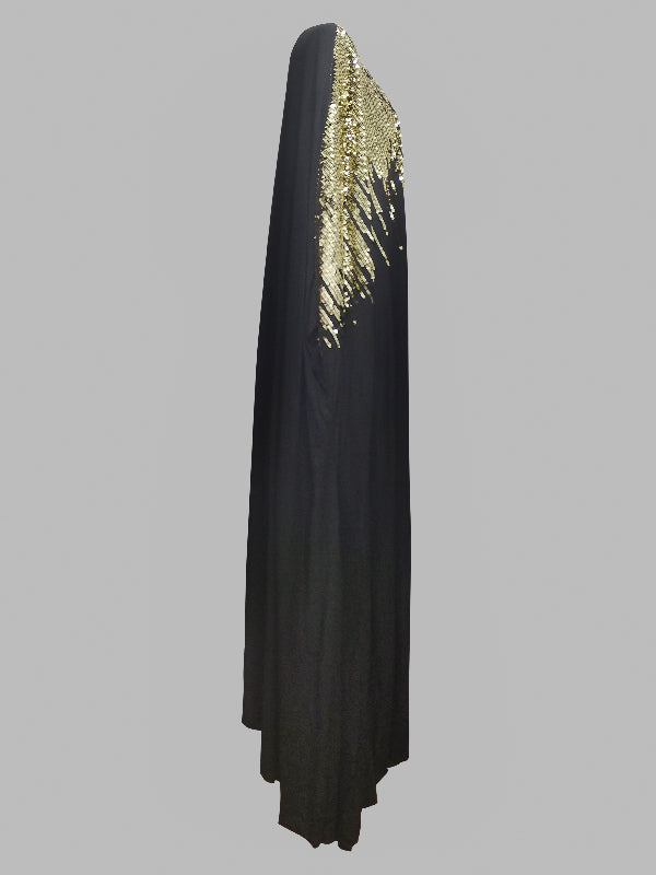 Long Sleeves Loose Rhinestone Round-neck Maxi Dresses