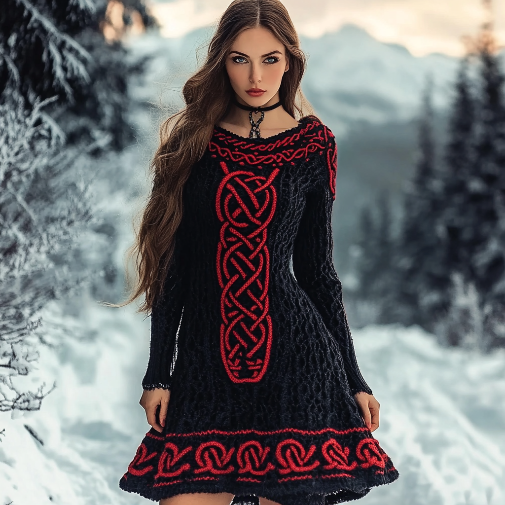 Women's Viking Celtic Knot Jacquard Cozy Knit Sweater Dress elevenforest