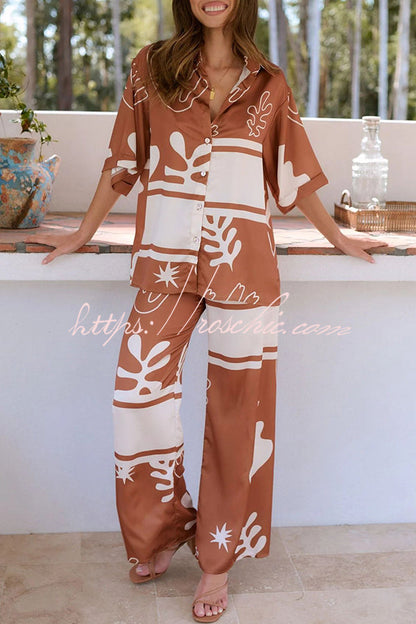 The Beach Unique Color Block Print Button Up Shirt and Elastic Waist Pants Set