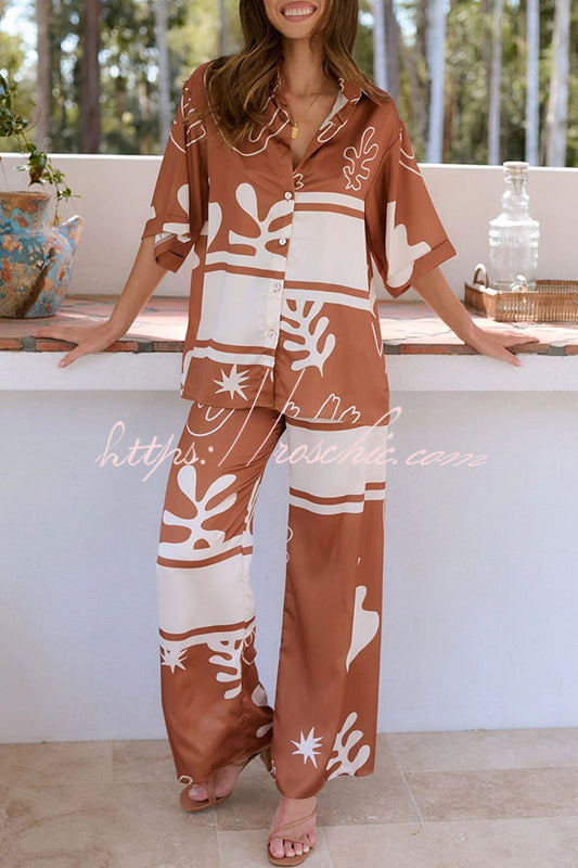 The Beach Unique Color Block Print Button Up Shirt and Elastic Waist Pants Set