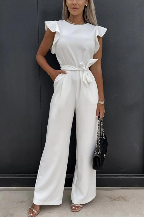 Crewneck Ruffle Short Sleeve Tie Waist Jumpsuit