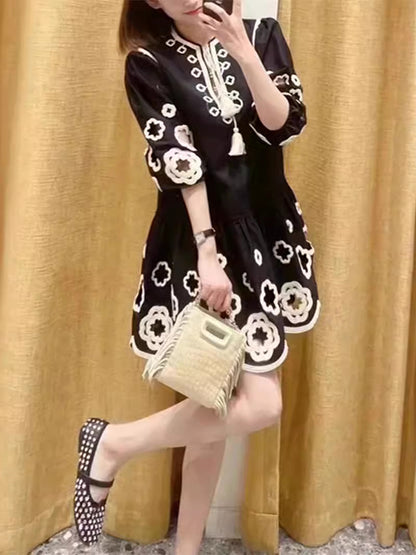A-line Loose Contrast Color Embroidered Hollow Tied Round-neck Mini Dresses