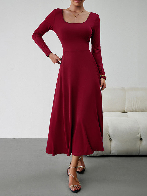 A-line High Waisted Color Tied Waist U-neck Midi Dresses