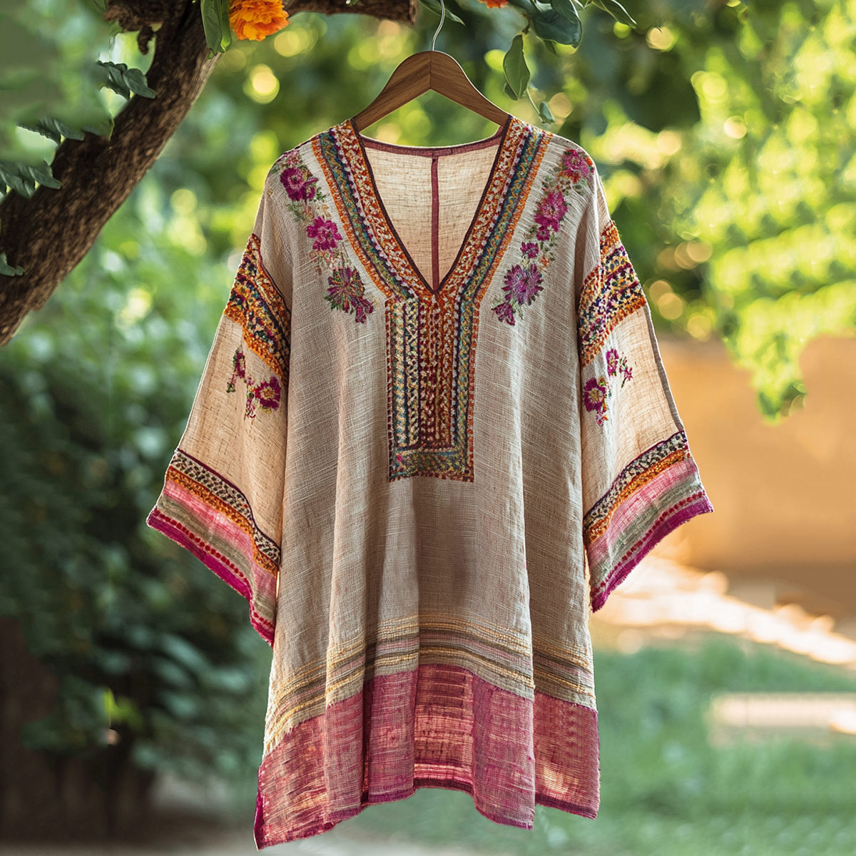 Women's Vintage Embroidered Flower V-neck Linen Blend Loose T-shirt elevenforest
