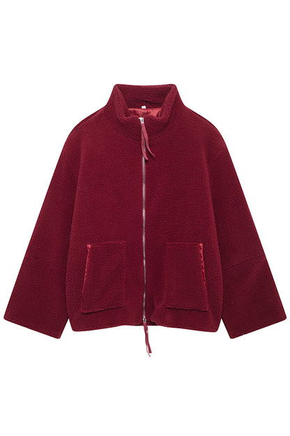 Color Stitching High Collar Long Sleeve Loose Pocket Woolen Coat