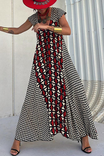 Fresh Breeze Unique Print Ruffle Sleeve A-line Maxi Dress