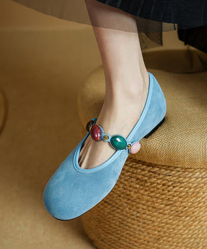 Blue Suede Buckle Strap Splicing Flat Shoes for