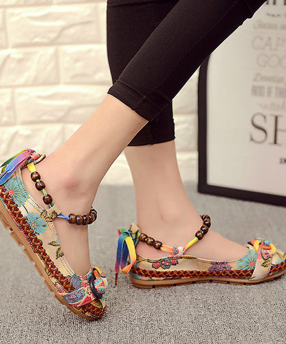 Red Linen Fabric Flat Shoes for Embroideried Handmade Bead String Knit Fabric Flat Shoes