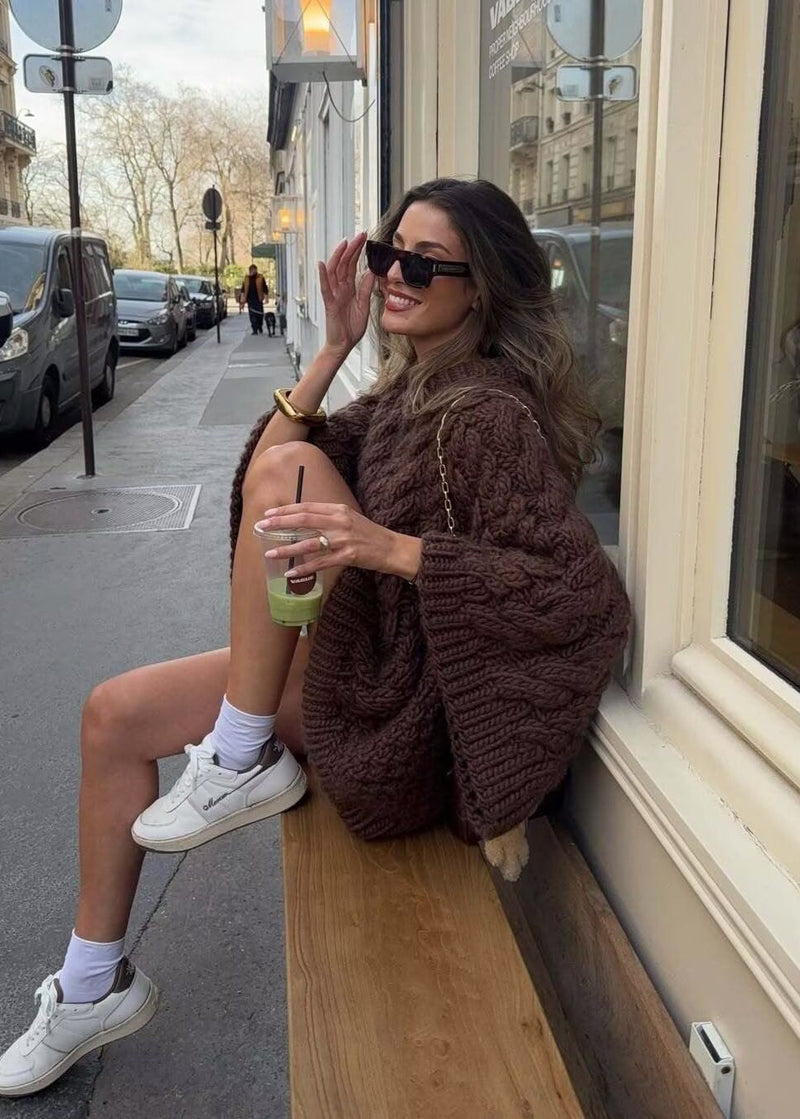 Celeste – Chunky Cable Knit Sweater in Chocolate Brown