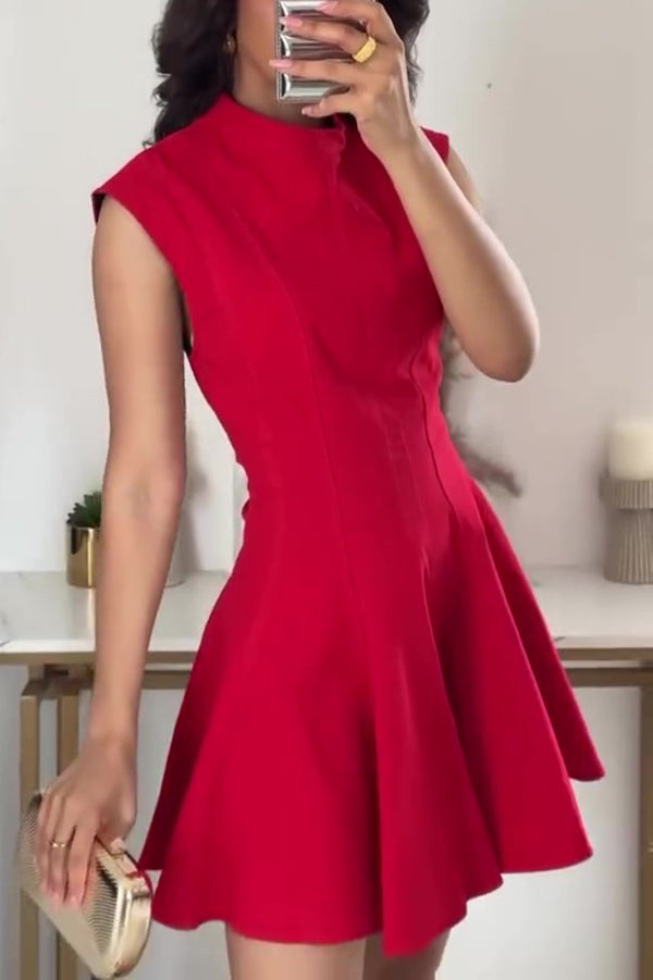 Color Round Neck Sleeveless Waist Mini Dress