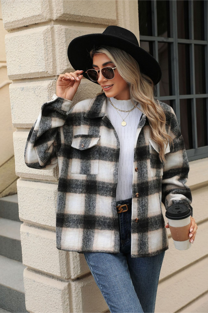 Loose Plaid Lapel Faux Wool Long Sleeve Coat