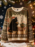 Cute Cat Drinking Tea Christmas Ugly Flannel Sweater elevenforest