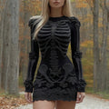Women's Halloween Skeleton Flower Art Embroidery Cozy Knit Mini Sweater Dress artswardrobe