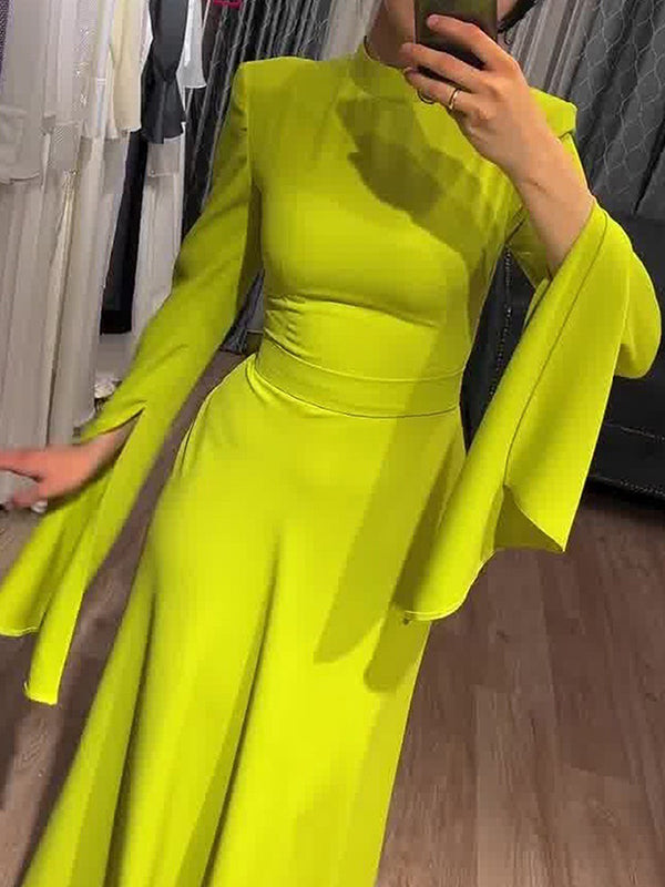 Ruffle Sleeves Skinny Belted Color Round-neck Maxi Dresses