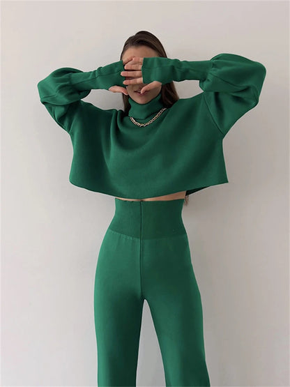 Turtleneck Two Piece Outfits for Lantern Sleeve Cropped Top and Straight Leg Pants Sets Tracksuit Outfits