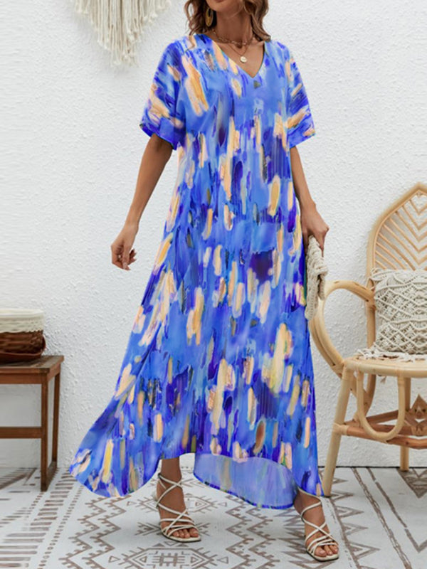 Loose Short Sleeves Contrast Color High-waisted Printed V-neck Maxi Dresses
