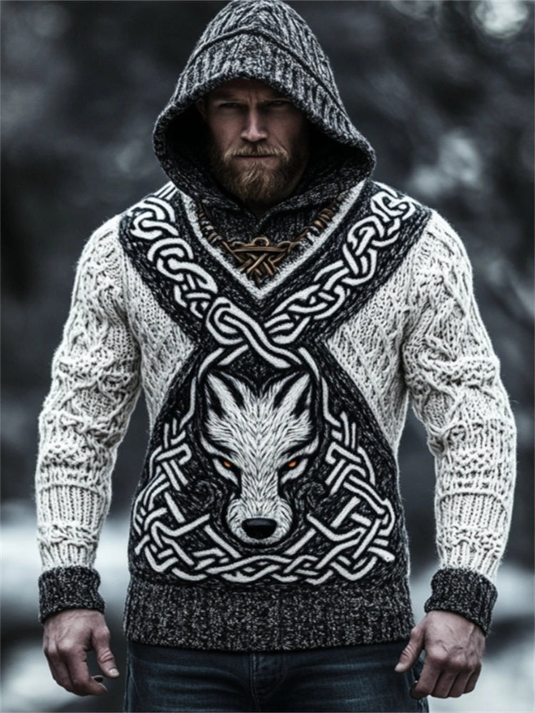 Men's Viking Wolf Celtic Contrast Cozy Chunky Hooded Sweater elevenforest