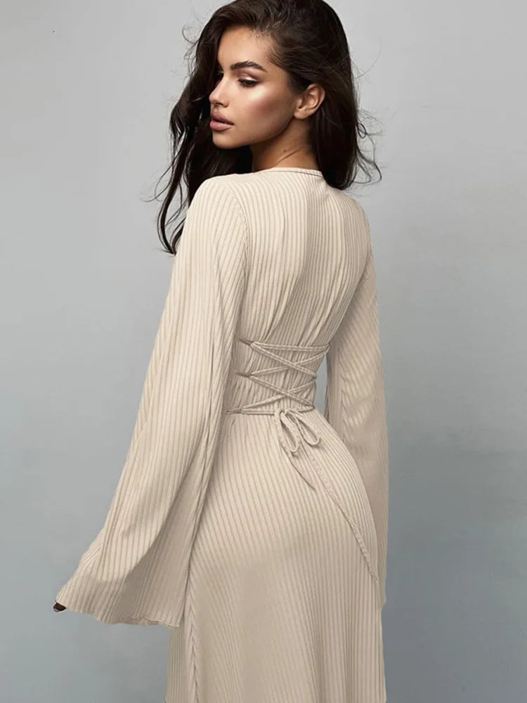 Autumn/winter New Sweater Square Neck Flare Sleeve Lace Up Waist Slim Dress Bodycon Party Club Street Clothing