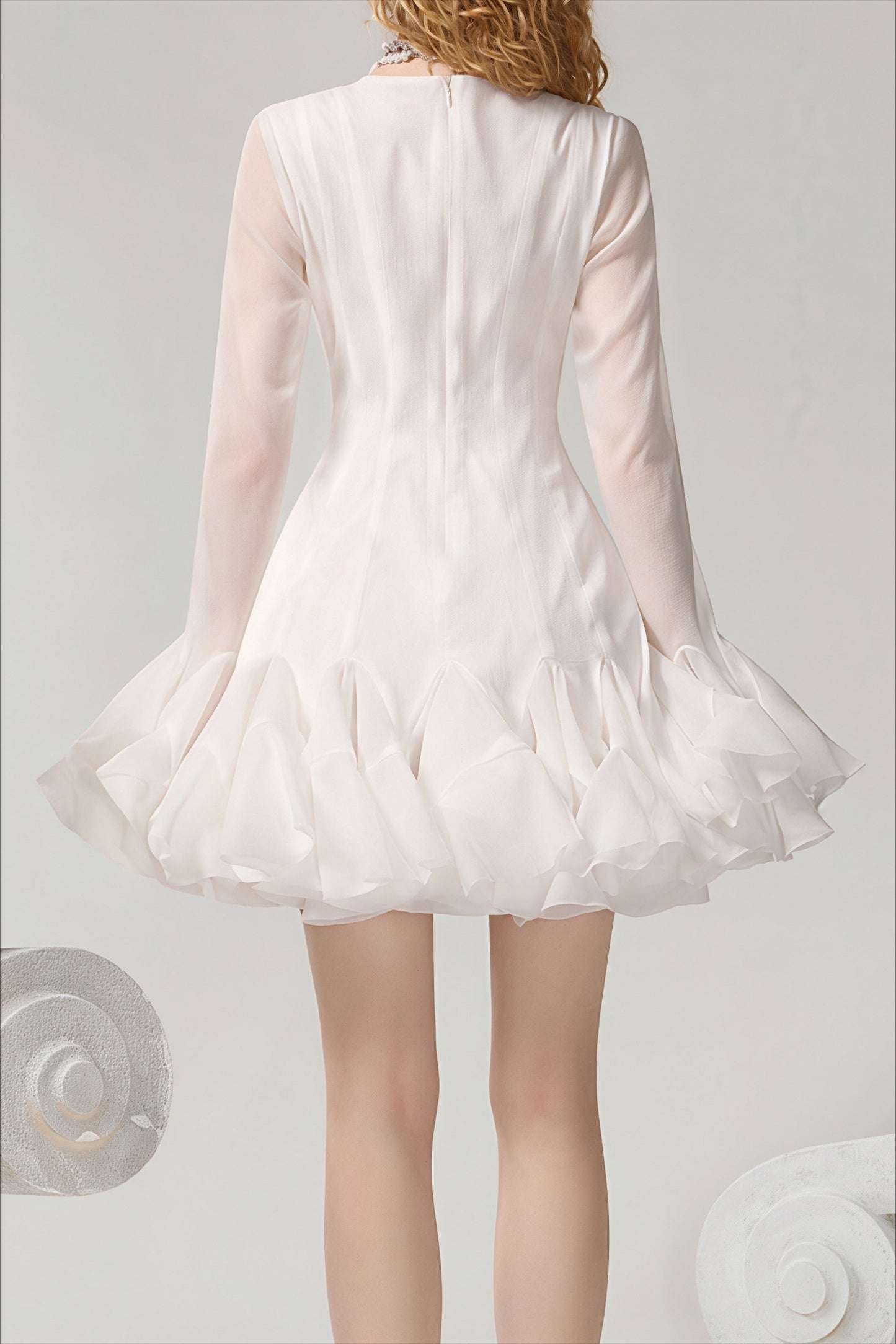 Buttoned Ruffled Long Puff Sleeve Mini Dress