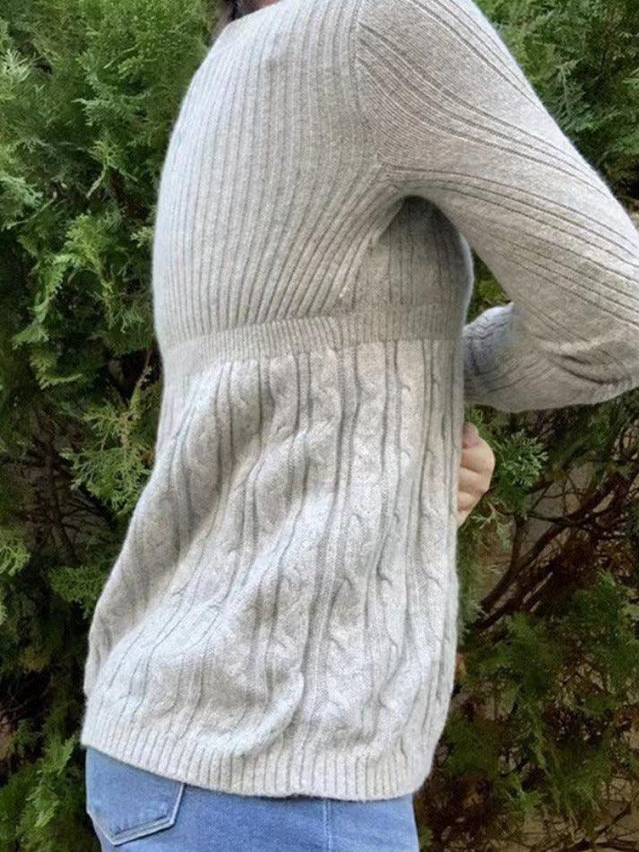 Gray V-neck Crochet a Line Hem Sweater