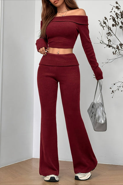 Off-shoulder Fitted Crop Top Pants Two Piece Set