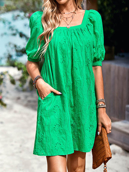 Loose Puff Sleeves Jacquard Color Square-neck Mini Dresses