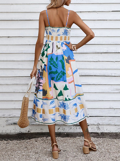 High Waisted Sleeveless Pleated Printed Split-joint Collarless Midi Dresses Slip Dress