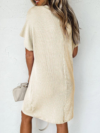 A-line Loose Contrast Color Pockets Split-joint Striped Round-neck Mini Dresses