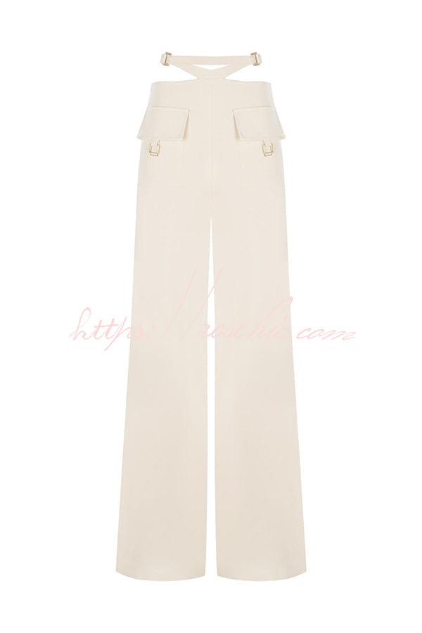 Leia High Neck Button Bell Sleeve Top and Cutout Waist Metal Pocketed Flare Pants Set