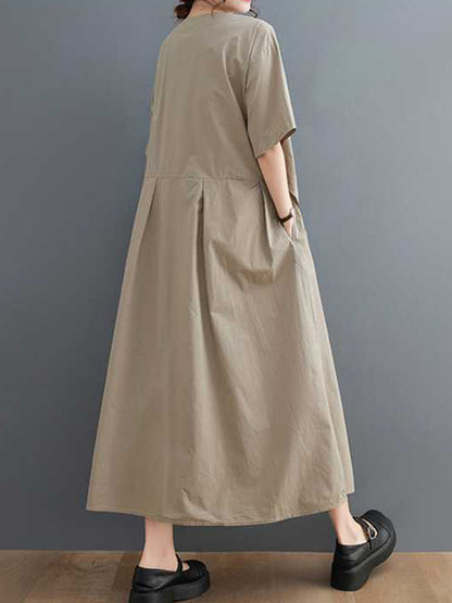 Loose Short Sleeves Pleated Color Split-joint V-neck Midi Dresses