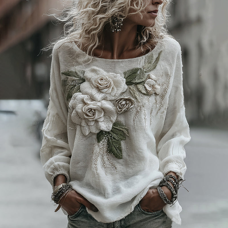 Women's Classic Romantic White Rose Embroidery Art Comfy Linen Long Sleeve Shirts elevenforest