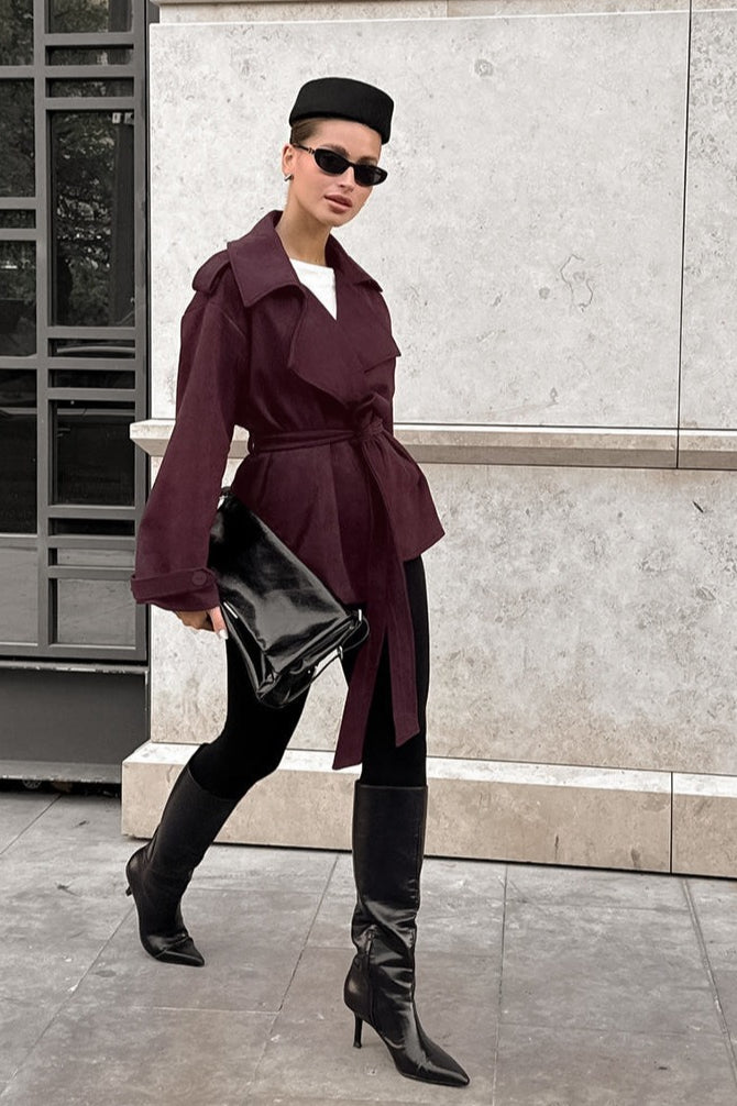 Suede Tie Waist Thickened Warm Coat