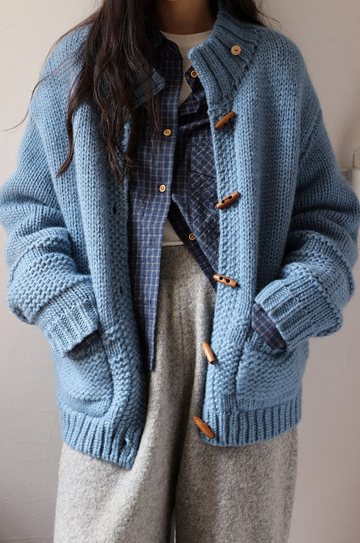 Wool Chunky Knit Wooden Button Sweater