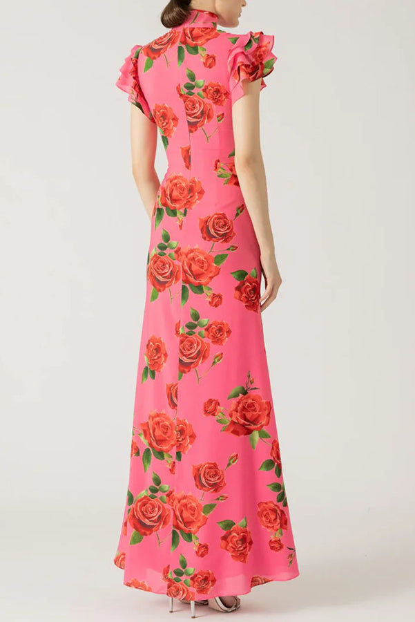 Party Cheongsam Style Rose Print Layered Flared Sleeve Elastic Long Skirt
