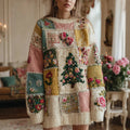Women's Christmas Tree And Rose Pattern Knitted Crew Neck Sweater Dress elevenforest